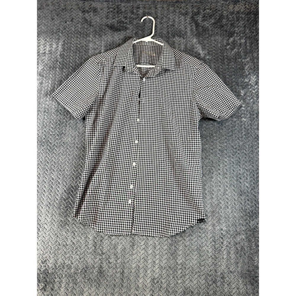 Barbell Shirt Mens Small Black White Checkered Stretch Short Sleeve Button Up